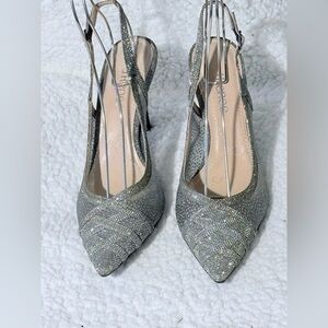 Elegant Silver Gray J Renee Sparkling Rhinestone Sling Back Shoes Heels Church